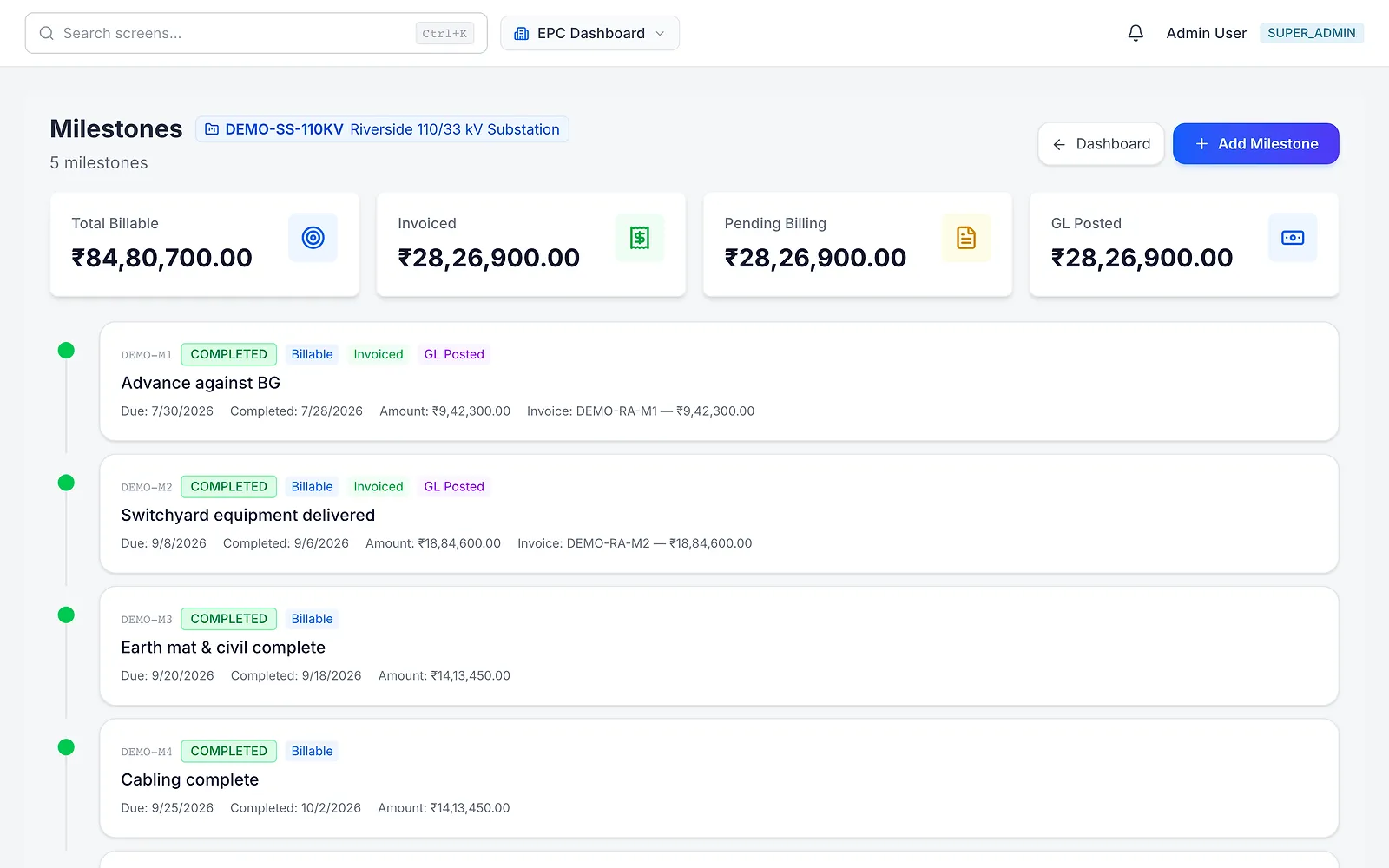 Operato EPC milestones: billable milestones with invoiced and pending amounts