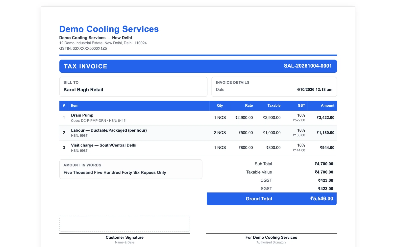 Posted GST tax invoice SAL-20261004-0001 raised from the SR-2048 job: company GSTIN, bill-to customer, drain pump part (HSN 8415), packaged-unit labour and visit charge (SAC 9987), 18% GST split into CGST and SGST, grand total ₹5,546