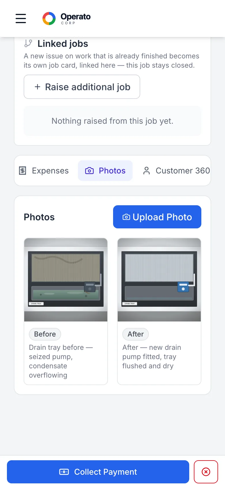 Phone view of the SR-2048 job card, Photos tab: before and after photos of the packaged unit’s drain tray (seized pump with overflowing condensate, then the new pump fitted and the tray dry), with an Upload Photo button and Collect Payment at the bottom