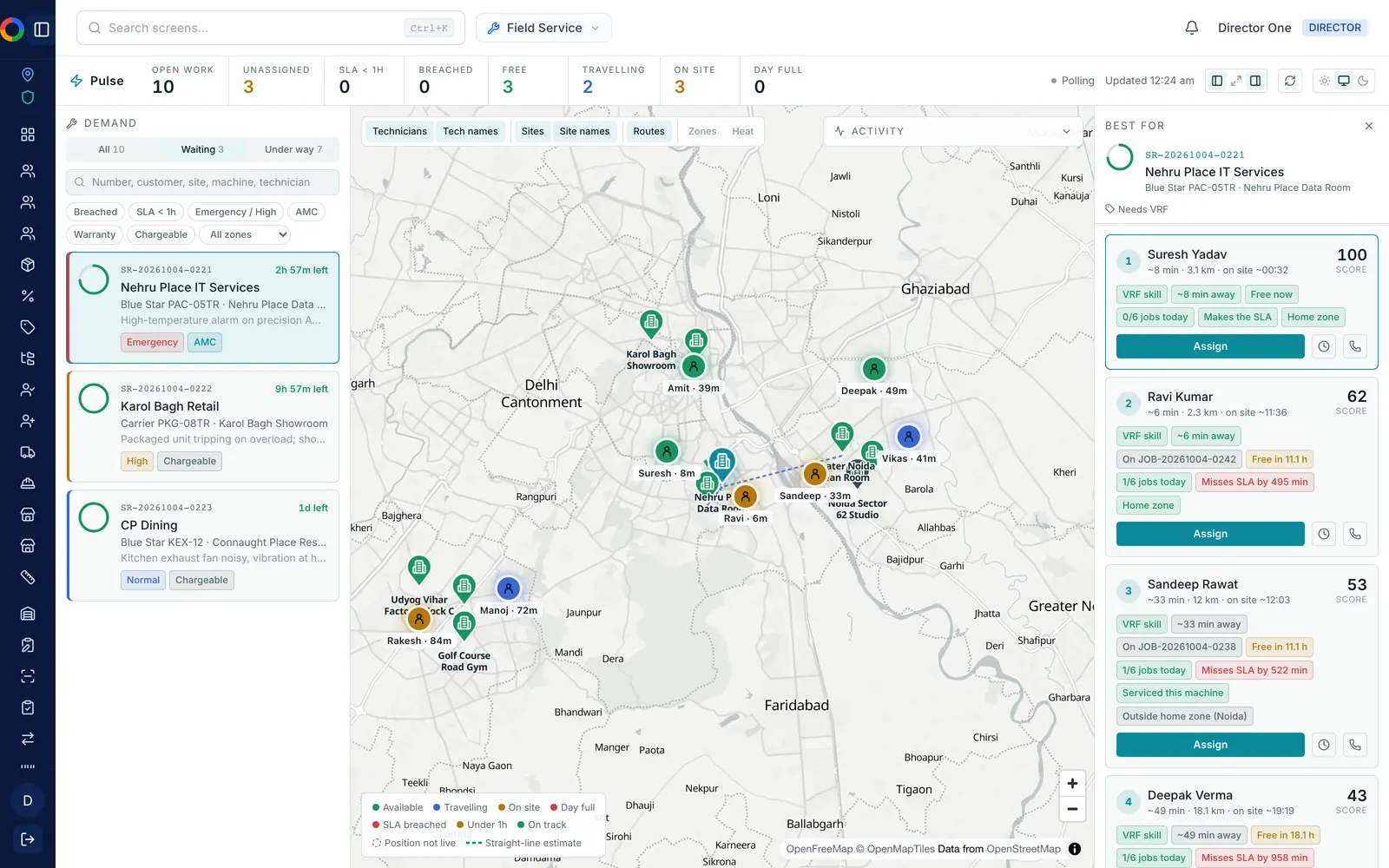 Pulse with a waiting emergency request at Nehru Place selected (2h 57m left to SLA): map with technician positions and a straight-line route, and ranked best-fit technicians — top pick Suresh Yadav, score 100, 8 min away, free now, VRF skill, makes the SLA — each with an Assign button